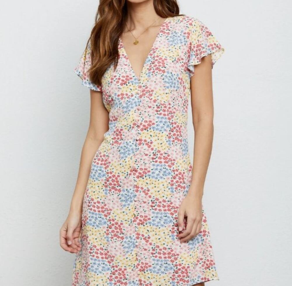 RAILS Helena Flower Meadow Dress Floral Button Front V-Neck Feminine Pastel‎ M